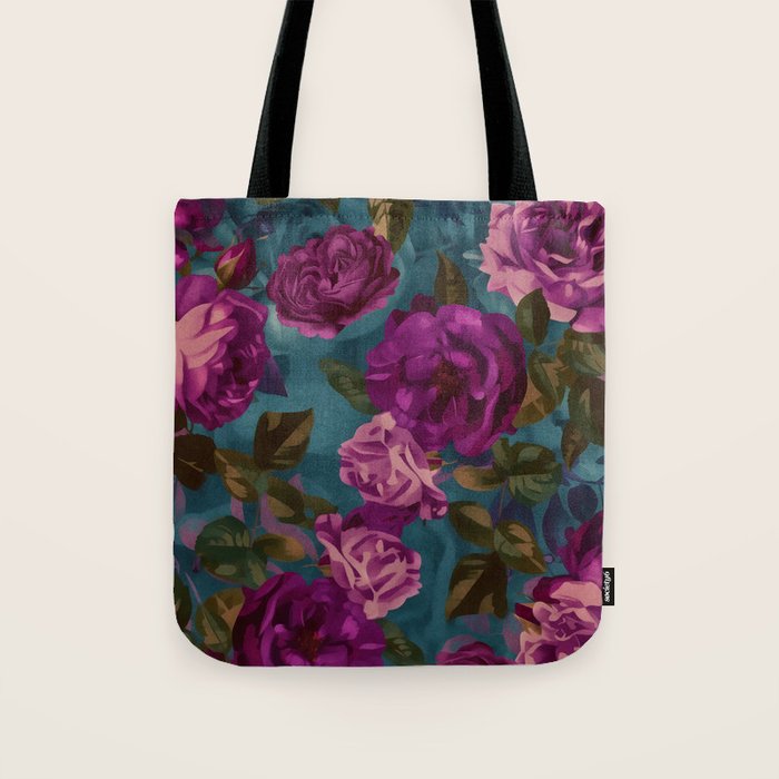 Regency Vibe Velveteen Moody  Flowers Fuchsia Pink Burgundy And Turquoise Tote Bag Gallery Image 1