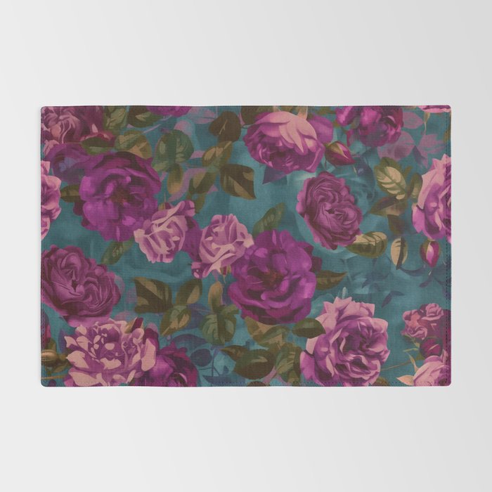 Regency Vibe Velveteen Moody  Flowers Fuchsia Pink Burgundy And Turquoise Rug Gallery Image 2