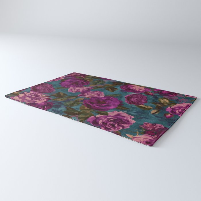 Regency Vibe Velveteen Moody  Flowers Fuchsia Pink Burgundy And Turquoise Rug Gallery Image 3