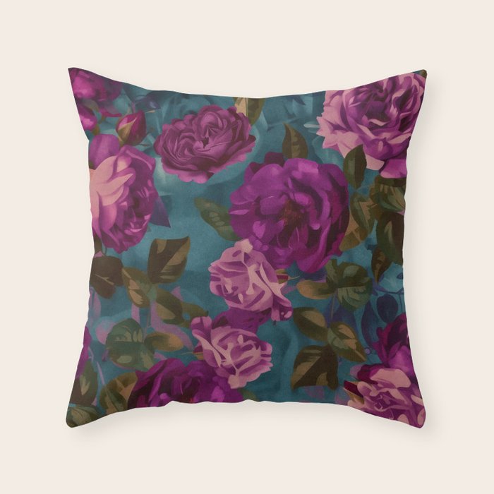 Regency Vibe Velveteen Moody  Flowers Fuchsia Pink Burgundy And Turquoise Throw Pillow Gallery Image 6