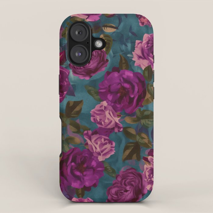 Regency Vibe Velveteen Moody  Flowers Fuchsia Pink Burgundy And Turquoise iPhone Case Gallery Image 1