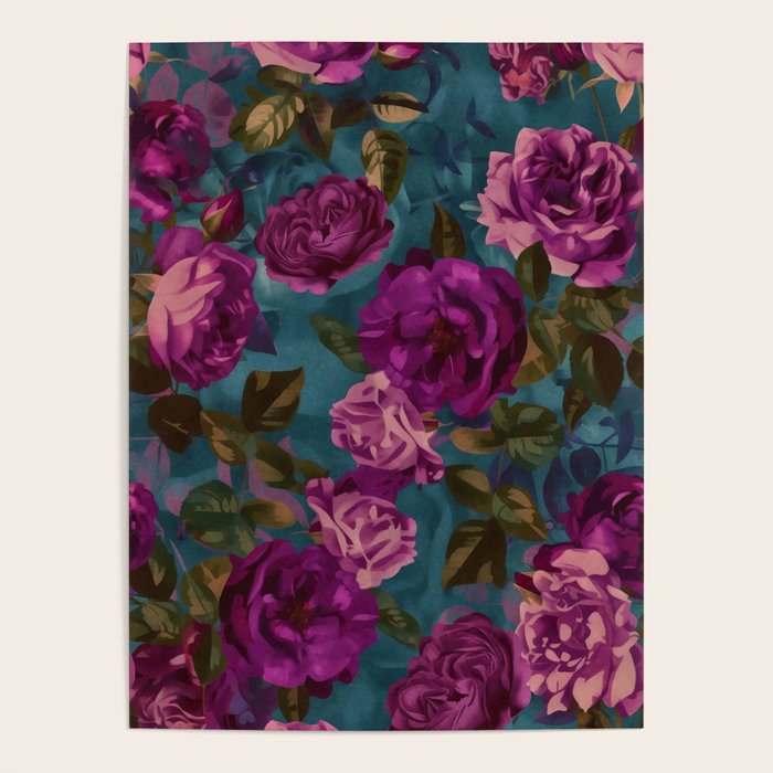 Regency Vibe Velveteen Moody  Flowers Fuchsia Pink Burgundy And Turquoise Poster Gallery Image 1