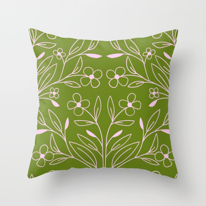 Playful Doodled Blooms Pattern - Green Throw Pillow Gallery Image 6