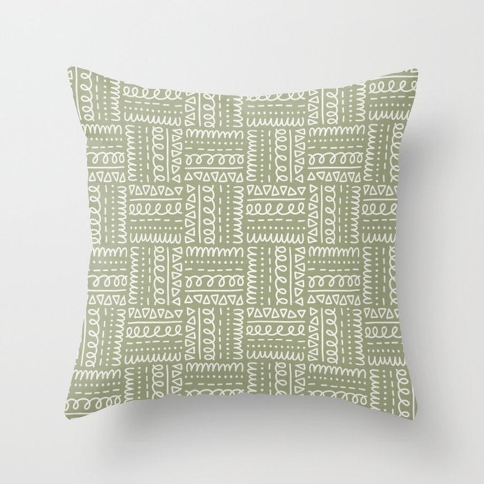 Mudcloth Doodle Squares . Lush Green Throw Pillow Gallery Image 1