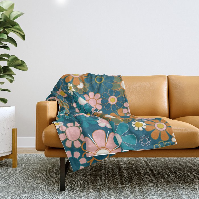 Pretty Groovy Retro Garden Floral Pattern Blue Pink Orange Olive 2 Throw Blanket Gallery Image 1