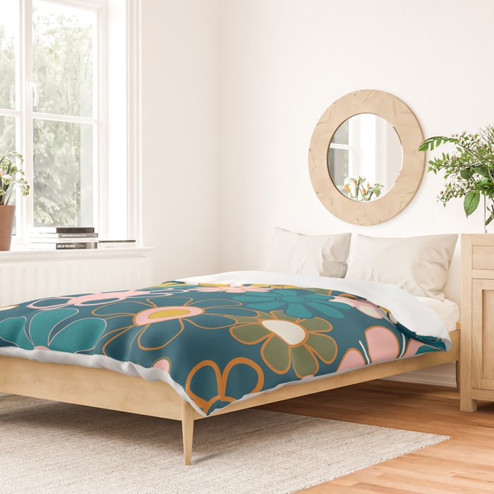 Pretty Groovy Retro Garden Floral Pattern Blue Pink Orange Olive 2 Duvet Cover Gallery Image 2