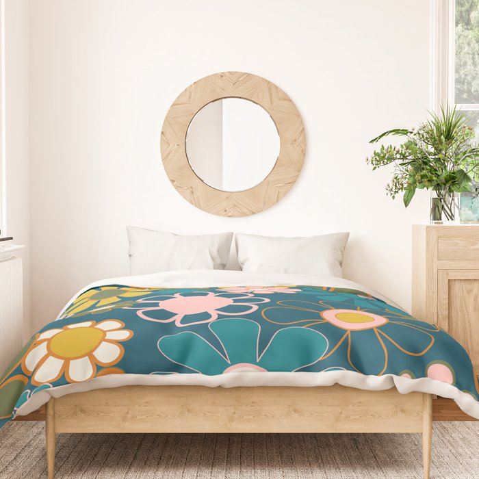 Pretty Groovy Retro Garden Floral Pattern Blue Pink Orange Olive 2 Duvet Cover Gallery Image 3