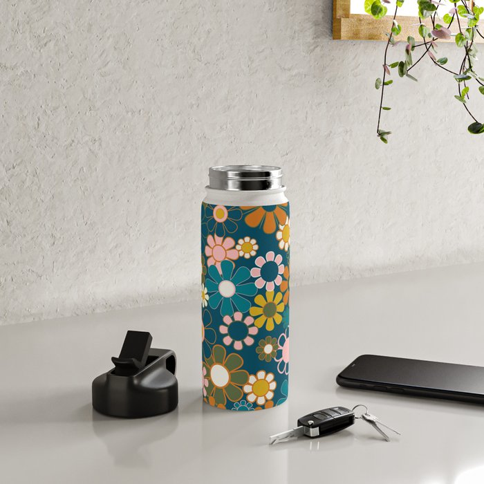 Pretty Groovy Retro Garden Floral Pattern Blue Pink Orange Olive 2 Water Bottle Gallery Image 4