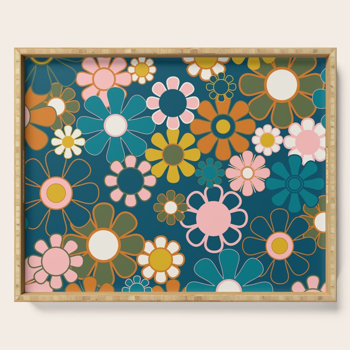 Pretty Groovy Retro Garden Floral Pattern Blue Pink Orange Olive 2 Serving Tray Gallery Image 1