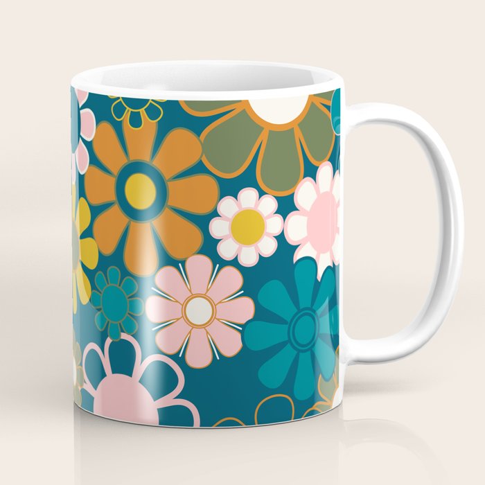 Pretty Groovy Retro Garden Floral Pattern Blue Pink Orange Olive 2 Coffee Mug Gallery Image 1