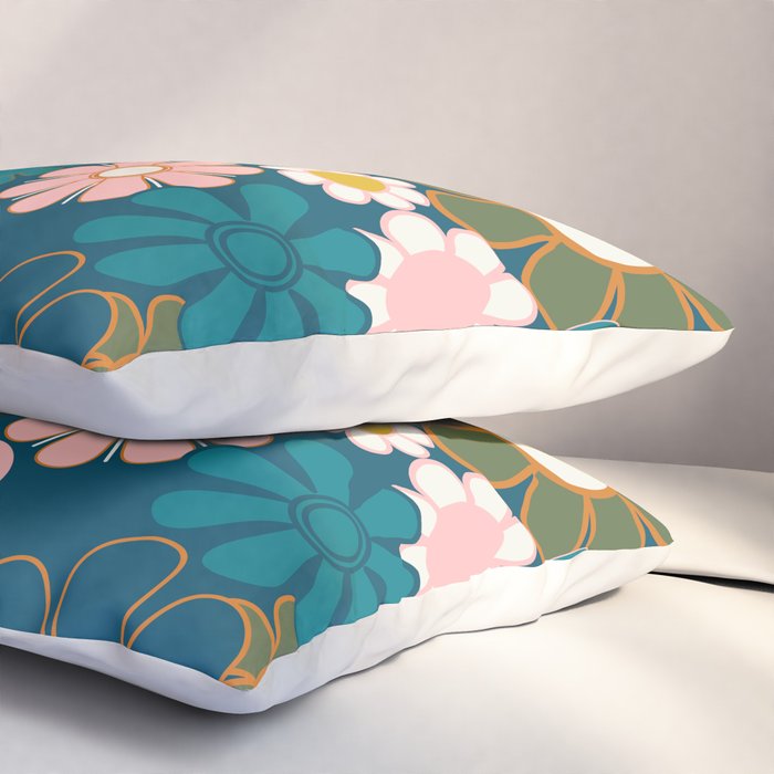 Pretty Groovy Retro Garden Floral Pattern Blue Pink Orange Olive 2 Pillow Sham Gallery Image 3