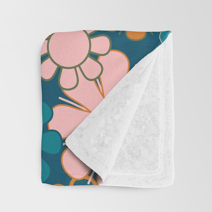Pretty Groovy Retro Garden Floral Pattern Blue Pink Orange Olive 2 Throw Blanket Gallery Image 3