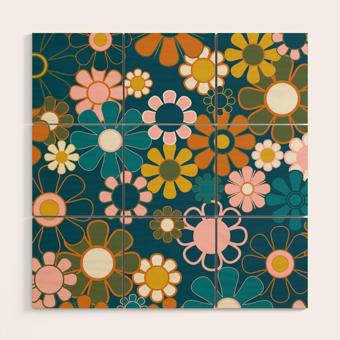 Pretty Groovy Retro Garden Floral Pattern Blue Pink Orange Olive 2 Wood Wall Art Gallery Image 1