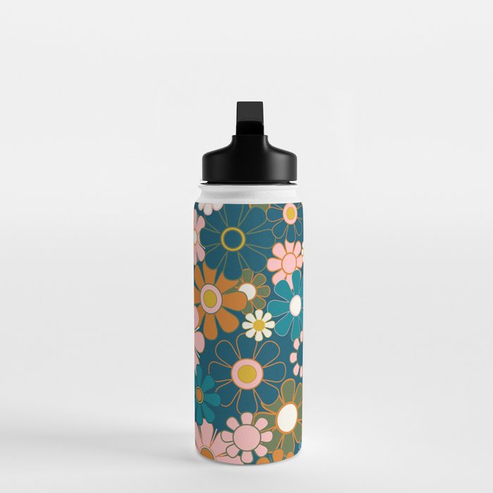 Pretty Groovy Retro Garden Floral Pattern Blue Pink Orange Olive 2 Water Bottle Gallery Image 3