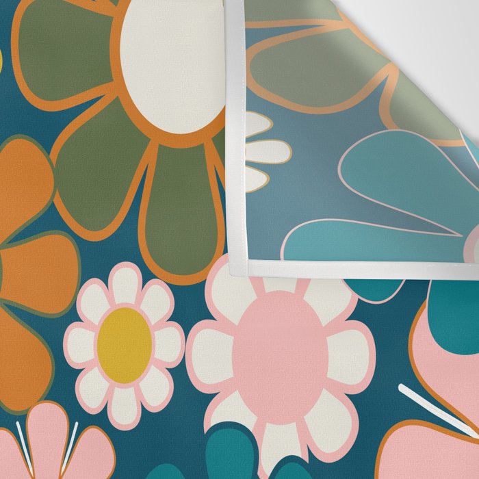 Pretty Groovy Retro Garden Floral Pattern Blue Pink Orange Olive 2 Wall Tapestry Gallery Image 3