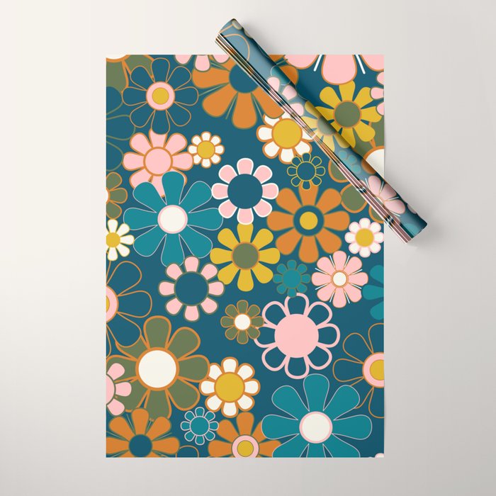 Pretty Groovy Retro Garden Floral Pattern Blue Pink Orange Olive 2 Wrapping Paper Gallery Image 1