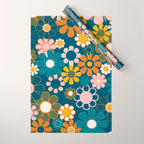 Pretty Groovy Retro Garden Floral Pattern Blue Pink Orange Olive 2 Wrapping Paper Gallery Image 1