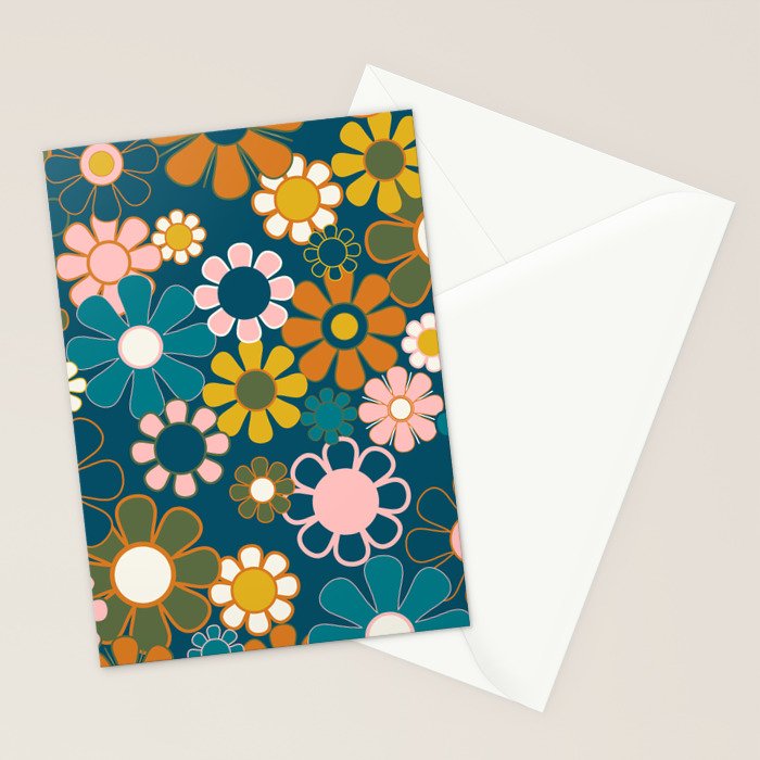 Pretty Groovy Retro Garden Floral Pattern Blue Pink Orange Olive 2 Stationery Card Gallery Image 2