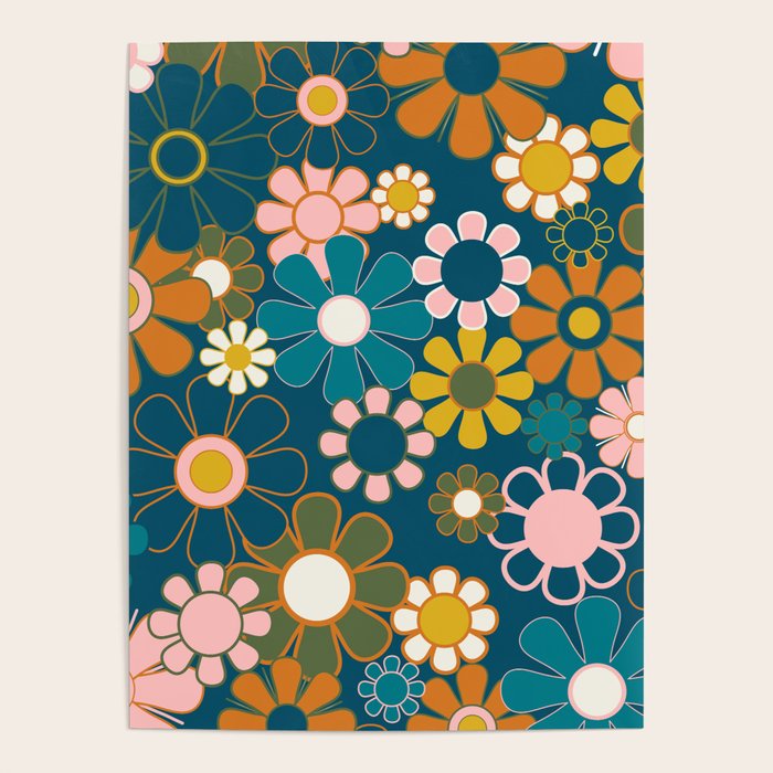 Pretty Groovy Retro Garden Floral Pattern Blue Pink Orange Olive 2 Poster Gallery Image 4