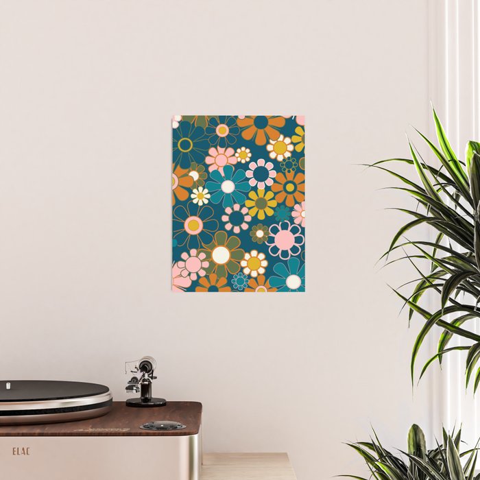 Pretty Groovy Retro Garden Floral Pattern Blue Pink Orange Olive 2 Poster Gallery Image 2