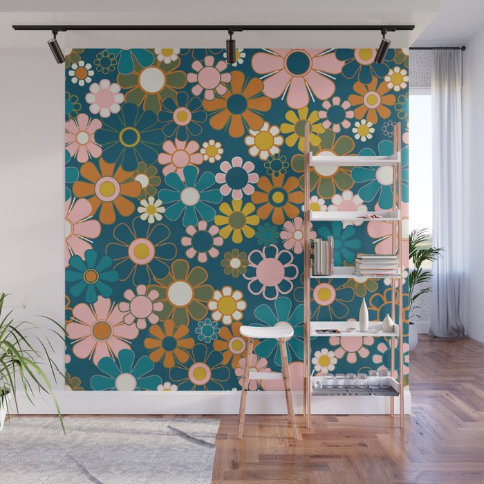Pretty Groovy Retro Garden Floral Pattern Blue Pink Orange Olive 2 Wall Mural Gallery Image 1
