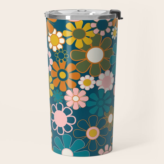 Pretty Groovy Retro Garden Floral Pattern Blue Pink Orange Olive 2 Travel Mug Gallery Image 2