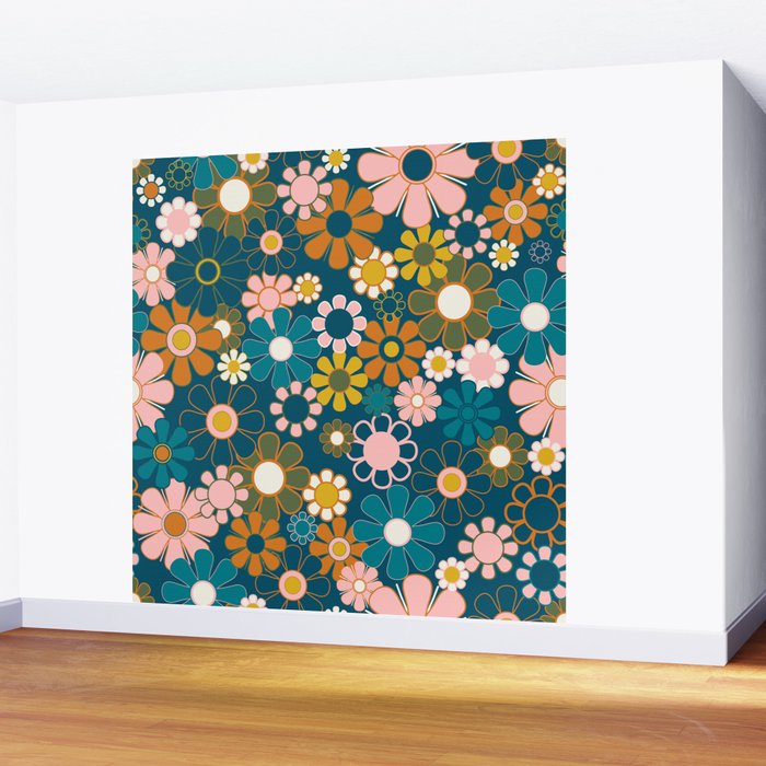Pretty Groovy Retro Garden Floral Pattern Blue Pink Orange Olive 2 Wall Mural Gallery Image 2