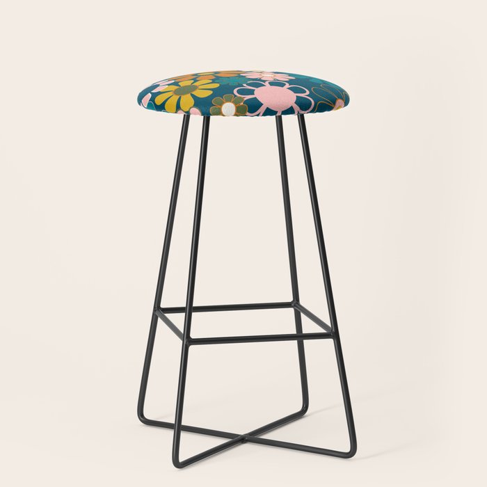 Pretty Groovy Retro Garden Floral Pattern Blue Pink Orange Olive 2 Stool Gallery Image 1