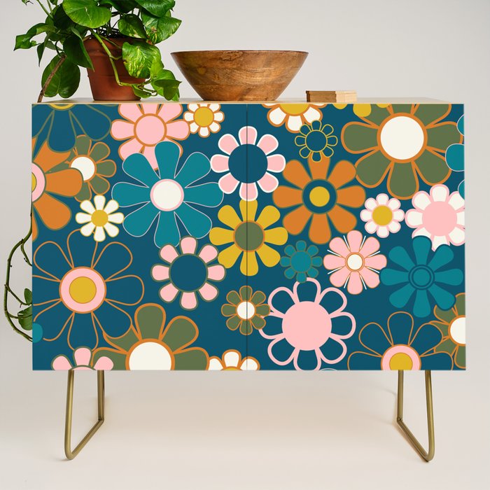 Pretty Groovy Retro Garden Floral Pattern Blue Pink Orange Olive 2 Credenza Gallery Image 1