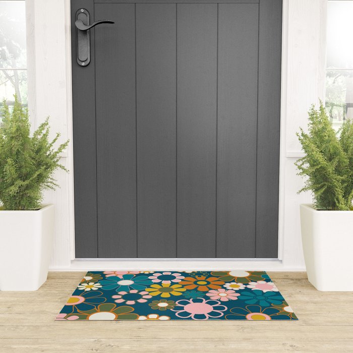 Pretty Groovy Retro Garden Floral Pattern Blue Pink Orange Olive 2 Welcome Mat Gallery Image 3