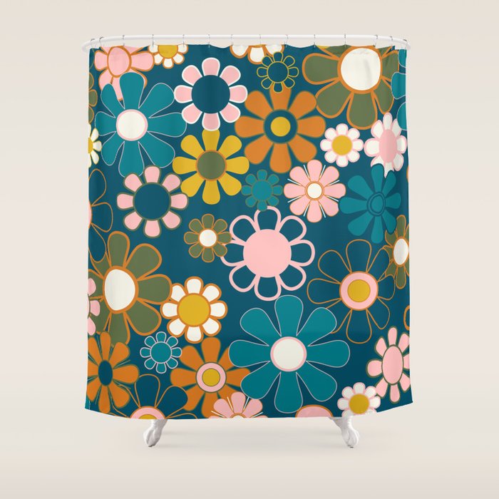 Pretty Groovy Retro Garden Floral Pattern Blue Pink Orange Olive 2 Shower Curtain Gallery Image 1