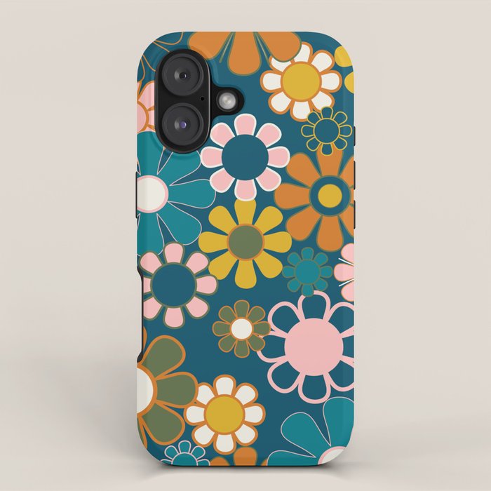 Pretty Groovy Retro Garden Floral Pattern Blue Pink Orange Olive 2 iPhone Case Gallery Image 1