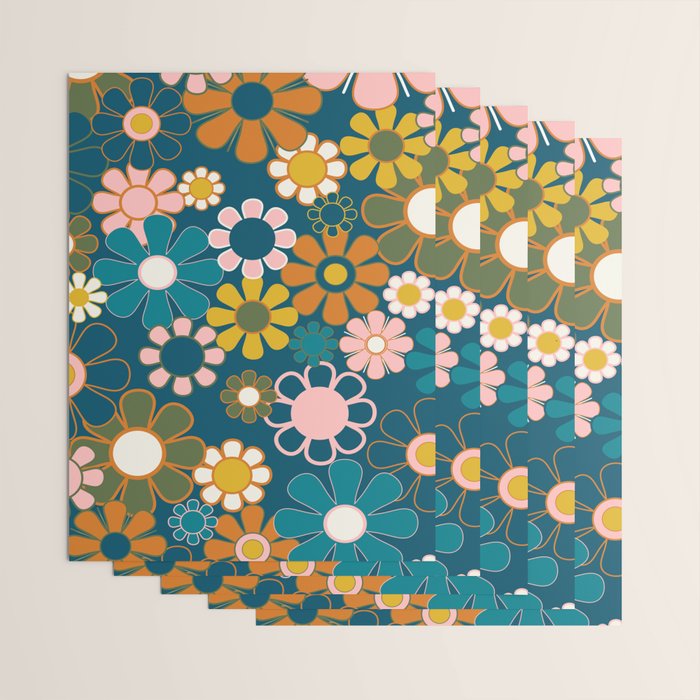 Pretty Groovy Retro Garden Floral Pattern Blue Pink Orange Olive 2 Wrapping Paper Gallery Image 3