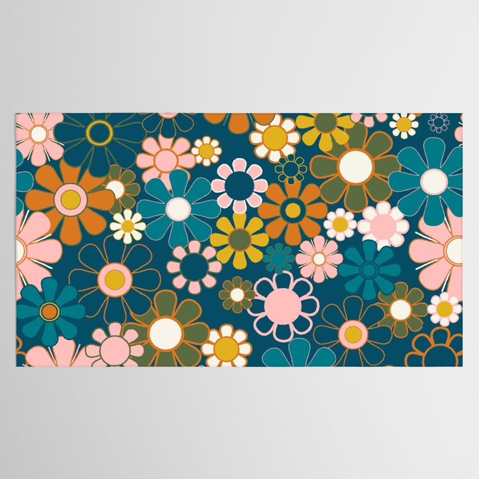 Pretty Groovy Retro Garden Floral Pattern Blue Pink Orange Olive 2 Tablecloth Gallery Image 2