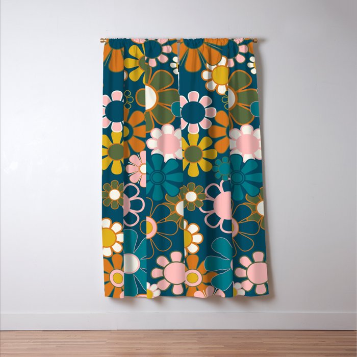 Pretty Groovy Retro Garden Floral Pattern Blue Pink Orange Olive 2 Window Curtain Gallery Image 3