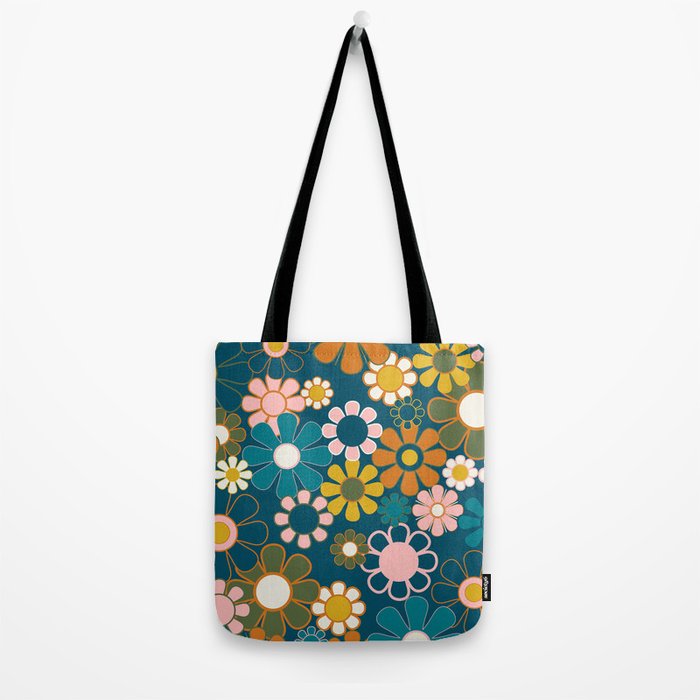 Pretty Groovy Retro Garden Floral Pattern Blue Pink Orange Olive 2 Tote Bag Gallery Image 2