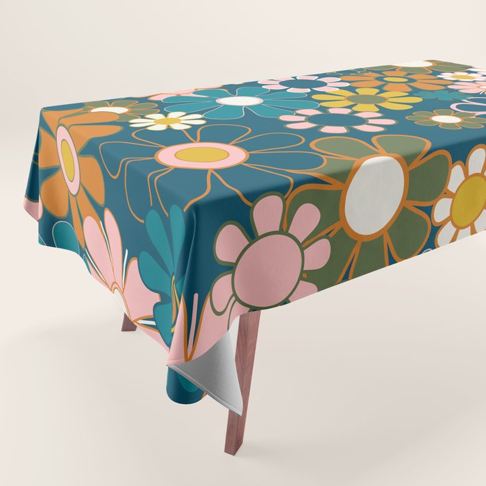 Pretty Groovy Retro Garden Floral Pattern Blue Pink Orange Olive 2 Tablecloth Gallery Image 1