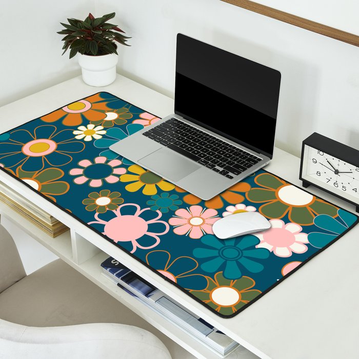 Pretty Groovy Retro Garden Floral Pattern Blue Pink Orange Olive 2 Desk Mat Gallery Image 2