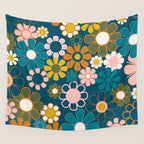 Pretty Groovy Retro Garden Floral Pattern Blue Pink Orange Olive 2 Wall Tapestry Gallery Image 4