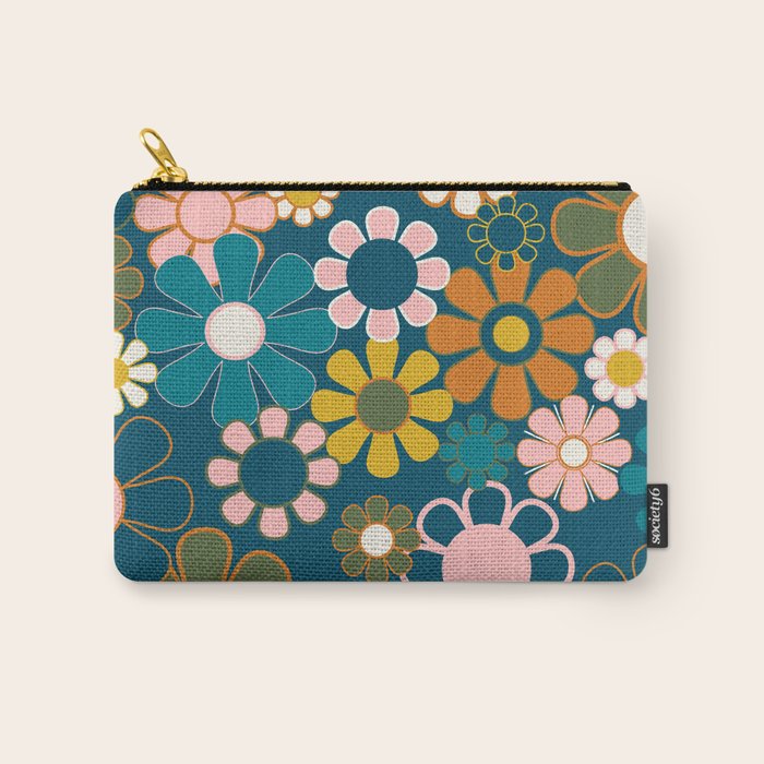 Pretty Groovy Retro Garden Floral Pattern Blue Pink Orange Olive 2 Carry All Pouch Gallery Image 1