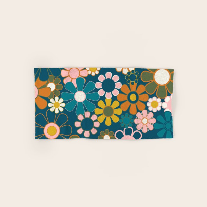 Pretty Groovy Retro Garden Floral Pattern Blue Pink Orange Olive 2 Bath Towel Gallery Image 1