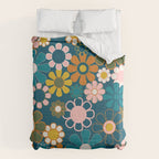 Pretty Groovy Retro Garden Floral Pattern Blue Pink Orange Olive 2 Comforter Gallery Image 6