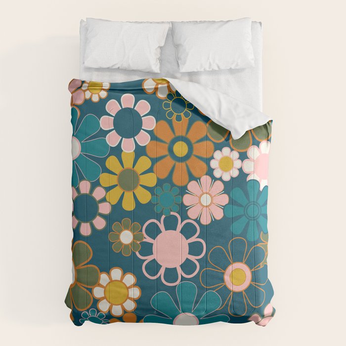 Pretty Groovy Retro Garden Floral Pattern Blue Pink Orange Olive 2 Comforter Gallery Image 6