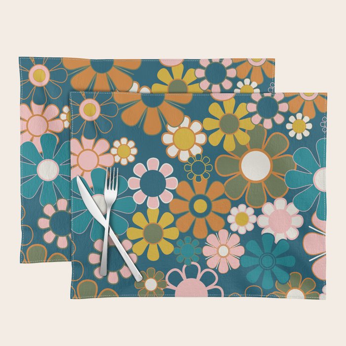Pretty Groovy Retro Garden Floral Pattern Blue Pink Orange Olive 2 Placemat Gallery Image 1