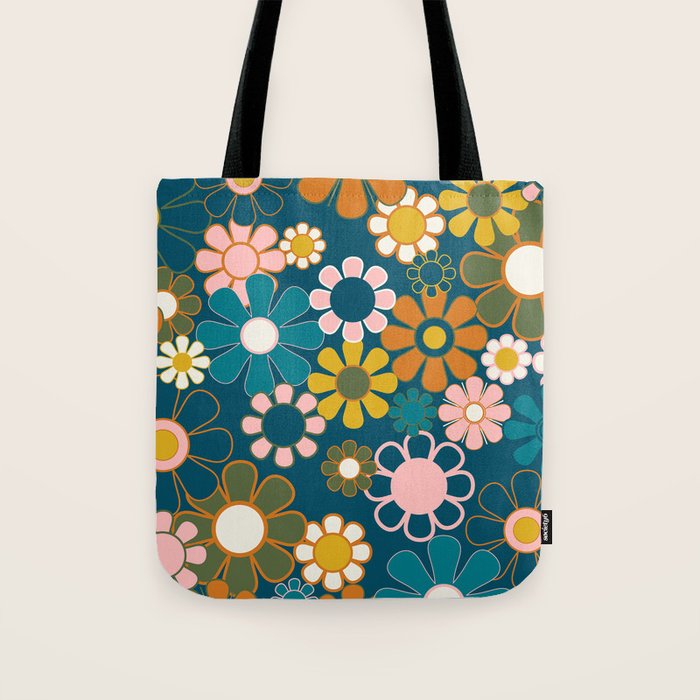 Pretty Groovy Retro Garden Floral Pattern Blue Pink Orange Olive 2 Tote Bag Gallery Image 1