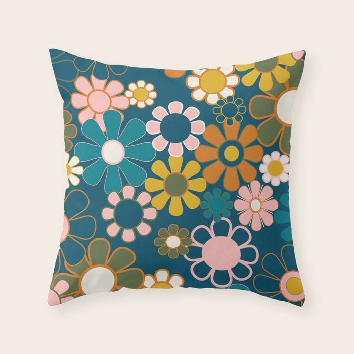Pretty Groovy Retro Garden Floral Pattern Blue Pink Orange Olive 2 Throw Pillow Gallery Image 1