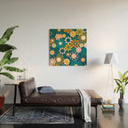 Pretty Groovy Retro Garden Floral Pattern Blue Pink Orange Olive 2 Wood Wall Art Gallery Image 2