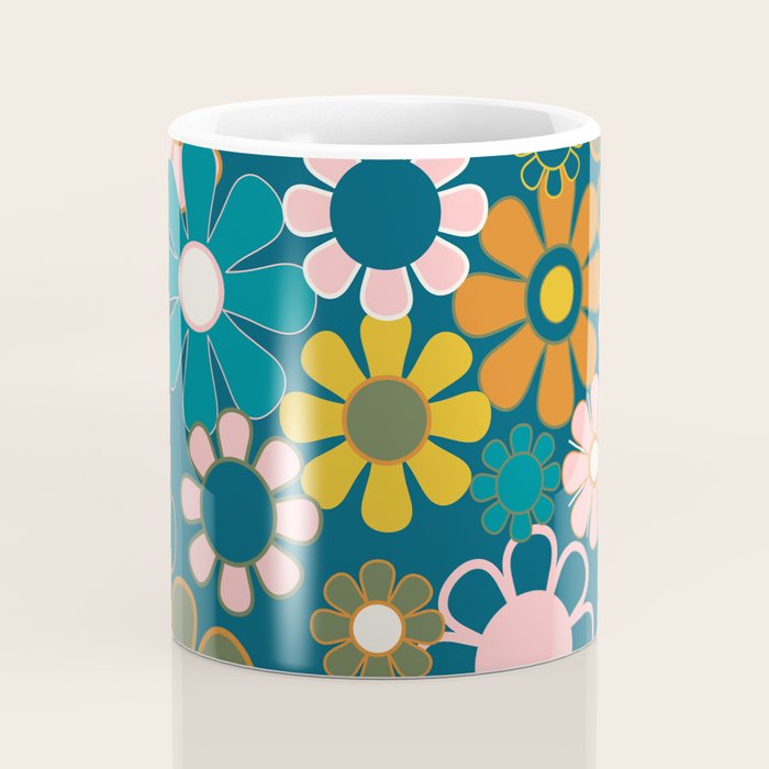 Pretty Groovy Retro Garden Floral Pattern Blue Pink Orange Olive 2 Coffee Mug Gallery Image 4