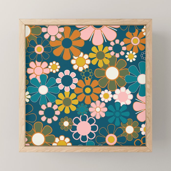 Pretty Groovy Retro Garden Floral Pattern Blue Pink Orange Olive 2 Mini Art Print Gallery Image 1