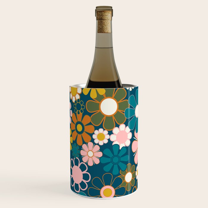 Pretty Groovy Retro Garden Floral Pattern Blue Pink Orange Olive 2 Wine Chiller Gallery Image 3